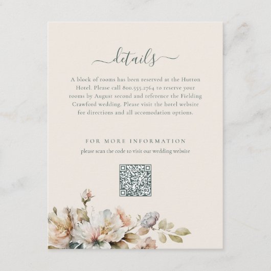 Elegante Boho Vintage Bloem QR Code Bruiloft Informatiekaartje (Voorkant)