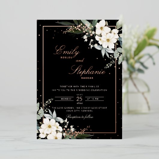 Elegante Boho Waterverf Bloemen Zwart Goud Bruilof Folie Uitnodiging (Staand Voorkant)