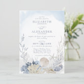 Elegante Boho Waterverf Coral Beach bruiloft Kaart (Staand voorkant)