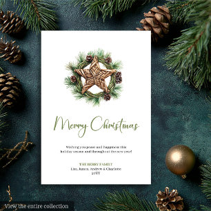 Elegante Boho Waterverf Dennengroene Kerstkaart
