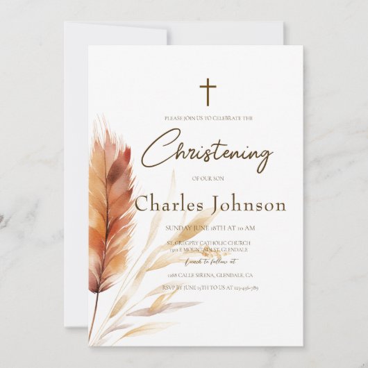 Elegante Boho Waterverf Pampas Herfst Zoondoop Kaart (Voorkant)