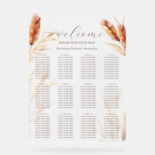 Elegante Boho Waterverf Pampas Herfstbruiloft Acryl Bord (Voorkant)