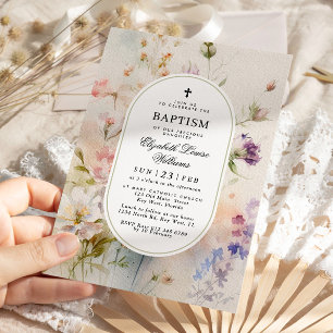 Elegante Boho Waterverf Wildbloemen Doop Kaart