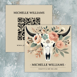 Elegante Boho Western Bull Koe Skull met QR-code Vierkante Visitekaartje