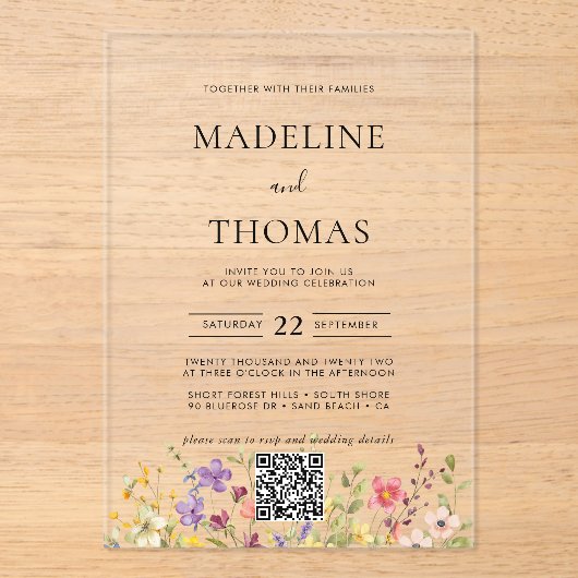 Elegante Boho Wild Flower Foto QR Code Bruiloft Acryl Uitnodigingen (Voorkant)