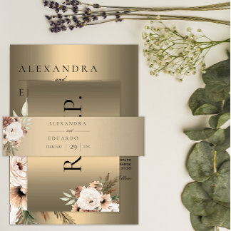 Elegante Boho Wildbloemen Gouden Bruiloft Uitnodigingen Wikkel