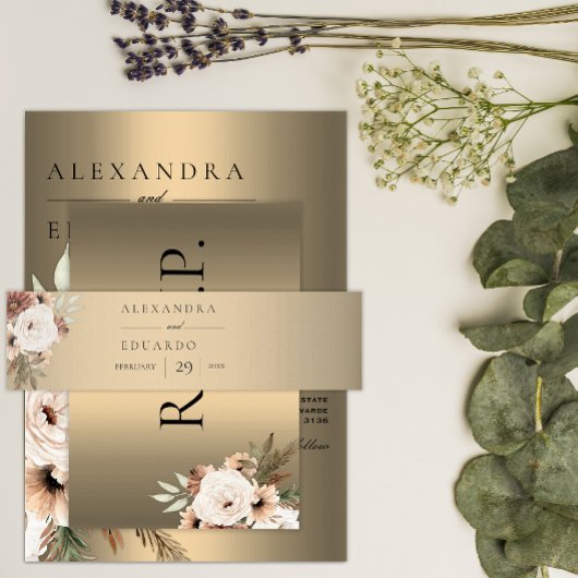 Elegante Boho Wildbloemen Gouden Bruiloft Uitnodigingen Wikkel