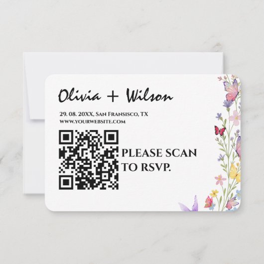 Elegante Boho Wildflower Bloemvlinders bruiloft RSVP Kaartje (Achterkant)