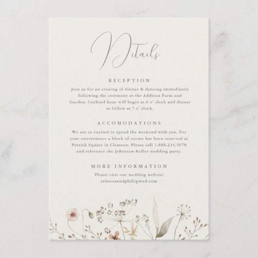 Elegante Boho Wildflower bruiloft details Informatiekaartje (Voorkant)