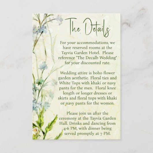 Elegante Boho Wildflower Garden bruiloft details Informatiekaartje (Voorkant)