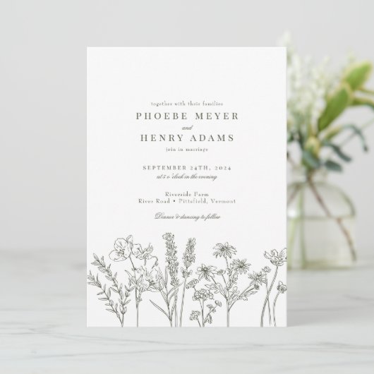 Elegante Boho Wildflower Olijf Groen Bruiloft Kaart (Staand voorkant)