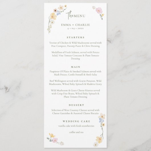Elegante Boho wildflowers Script Wedding Menu (Voorkant)