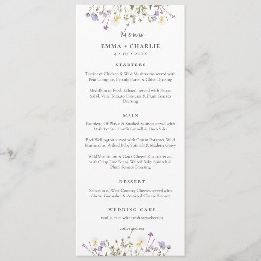 Elegante Boho wildflowers Script Wedding Menu (Voorkant)