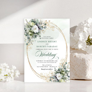 Elegante Boho Witte Rozen Groene Huwelijksuitnodig Kaart