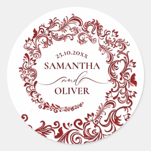 Elegante Bold Red Damask Wedding Ronde Sticker (Voorkant)