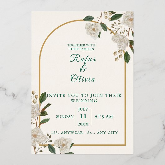 Elegante Boog Bloemen Huwelijksuitnodiging | platt Folie Uitnodiging (Voorkant)