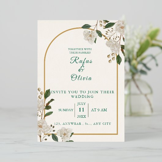 Elegante Boog Bloemen Huwelijksuitnodiging | platt Folie Uitnodiging (Staand Voorkant)