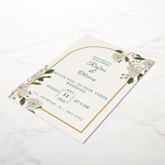 Elegante Boog Bloemen Huwelijksuitnodiging | platt Folie Uitnodiging (Gedraaid)