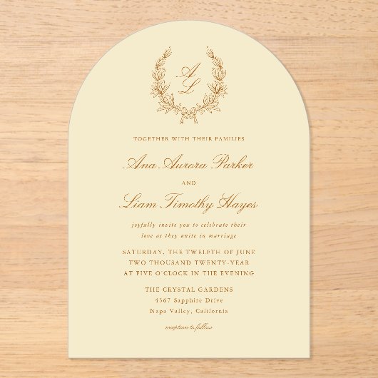 Elegante Boog Bloemen Krans Monogram Huwelijk Acryl Uitnodigingen (Voorkant)