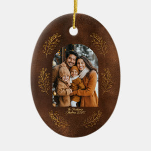 Elegante Boog Familie Foto Laat Bruine Kerst Keramisch Ornament
