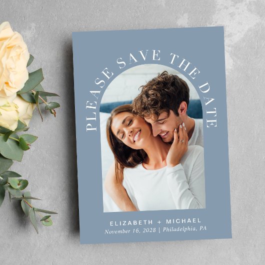 Elegante boog foto QR-code stoffig blauw Save The Date