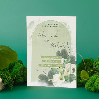 Elegante Boog Salie Groen & Wit Waterverf Bloemmot Save The Date