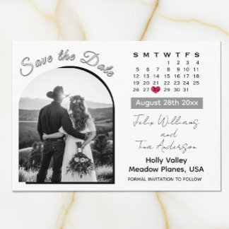 Elegante boogfoto zwart/wit trouwkalender save the date