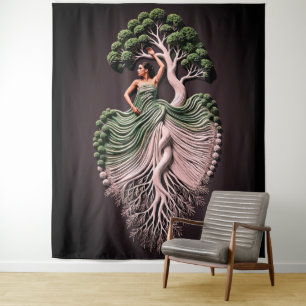 Elegante Boom Vrouw Muurkunst – 3D Natuur-Geïnspir Wandkleed