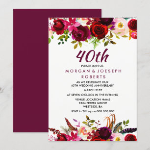 Elegante bordeaux bloem 40ste huwelijksverjaardag kaart