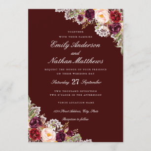 Elegante bordeaux bloemrijke kanten trouwuitnodigi kaart