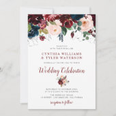 Elegante bordeaux & blozen bloemenbruiloft kaart (Voorkant)