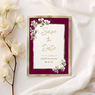 Elegante bordeaux gouden witte orchidee Save The D Kaart