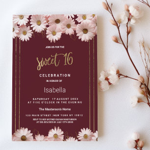 Elegante bordeaux roze gouden daisy bloemen Sweet  Kaart