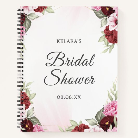 Elegante bordeauxkleurige bloemige bruidsdouche br notitieboek (Voorkant)