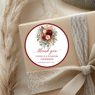 Elegante bordeauxrode bloem herfst trouwsticker ronde sticker