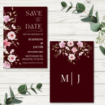 Elegante bordeauxrode bloemen save the date kaart