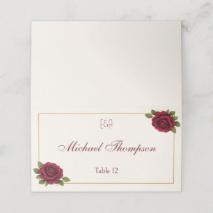 Elegante bordeauxrode bloemen wedding plaatskaart