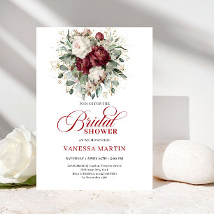 Elegante bordeauxrode bloemengouden bruidsuitnodig kaart