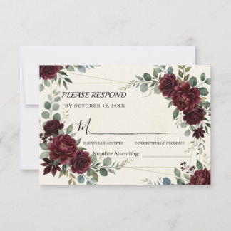Elegante bordeauxrode bloemige trouwdag gouden roo RSVP kaartje