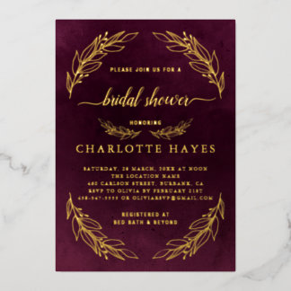 Elegante bordeauxrode en gouden bruidsshower folie uitnodiging