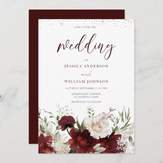 Elegante bordeauxrode en witte bloemige trouwkaart kaart (Voorkant / Achterkant)