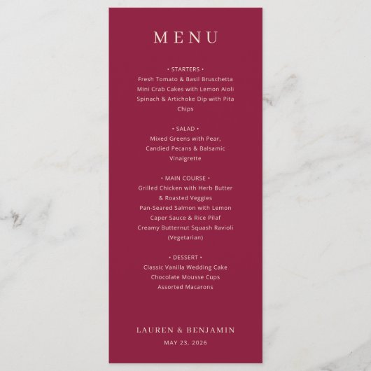 Elegante bordeauxrode trouwmenu menu (Voorkant)
