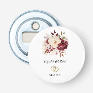 Elegante bordeauxrode witte bloemen button flesopener
