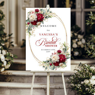 Elegante bordeauxrood bloemmotief gouden bruidsont poster
