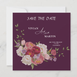 Elegante bordeauxrood bloemmotief monogram save th kaart