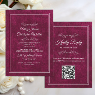 Elegante bordeauxrood fluwelen witte QR-code bruil Kaart