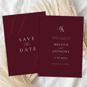 Elegante bordeauxrood monogram moderne trouw save the date