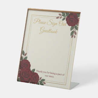 Elegante bordeauxroos & gouden gastboek Huwelijk S Reclamebord Met Voetstuk