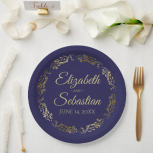 Elegante  Border Navy Blue & Gold Wedding Papieren Bordje