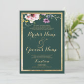 Elegante bos groen goud roze bloemen bruiloft kaart (Staand voorkant)